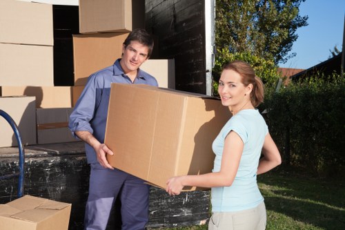 Packed office equipment ready for relocation in London